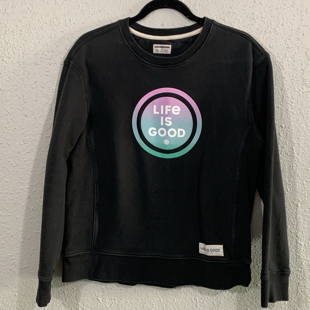 Life‎ is Good Black 100% Cotton Screen Print Crew Neck Long Sleeve Sweatshirt